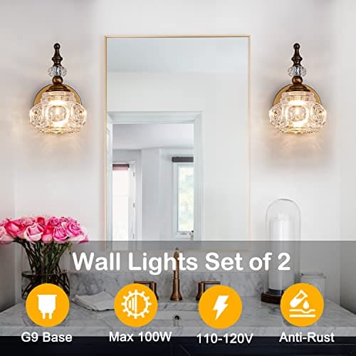 Vintage Wall Sconces, 1-Light Wall Lighting with Crystal Glass Shade, Matte Brushed Antique Brass Finish, Crystal Wall Light, Wall Lamp for Bathroom, Bedroom,Hallway(G9 Base)