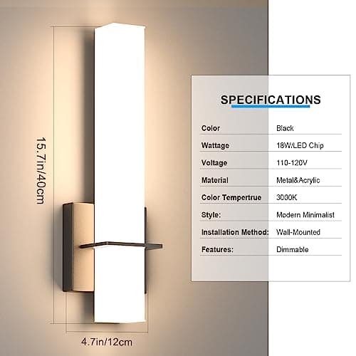 Modern LED Wall Sconces Set of Two,18W 3000K Dimmable LED Sconces Wall Lighting,Bathroom Vanity Light Fixture Acrylic Shade,Hardwired Wall Light Fixtures for Living Room Bedroom Hallway(Black)
