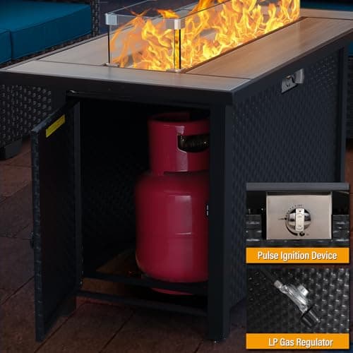 45 Inch Fire Table for Outside 60000 BTU Steel Gas Fire Pit Outdoor Fire Pit Table with Woodgrain Marble Tabletop Glass Wind Guard Cover and Blue Crystal Beads