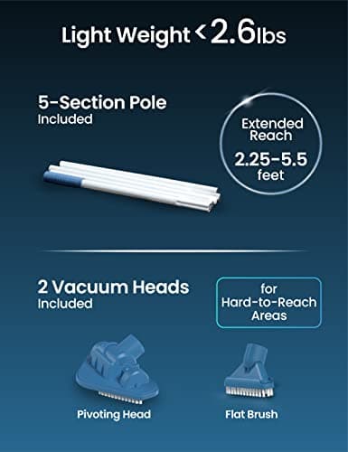 KOKIDO (2025 Upgrade) Rechargeable Handheld Pool Vacuum with Dual Brush Heads and Aluminum Pole, 60 mins Cordless Spot Cleaning Suction, Above Ground Pool, Hot Tub, Spa and Pools to 20ft, XTROVAC 110