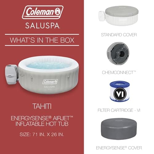 Coleman Tahiti EnergySense AirJet Inflatable Hot Tub Spa (71" x 26") | Portable Hot Tub with 2 Covers (1 Energy-Efficient Thermal Cover and 1 Standard Cover) | Fits Up to 2-4 Persons | Grey