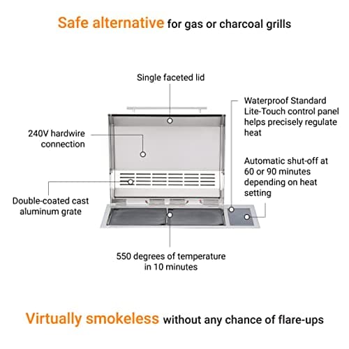 Kenyon Texan Built-In Electric Grill with Faceted Single Piece Lid and Standard Lite Touch Control, Stainless Steel Body, UL-Approved for Use Indoors and Outdoors, No-Flame Grill, 240 Volts