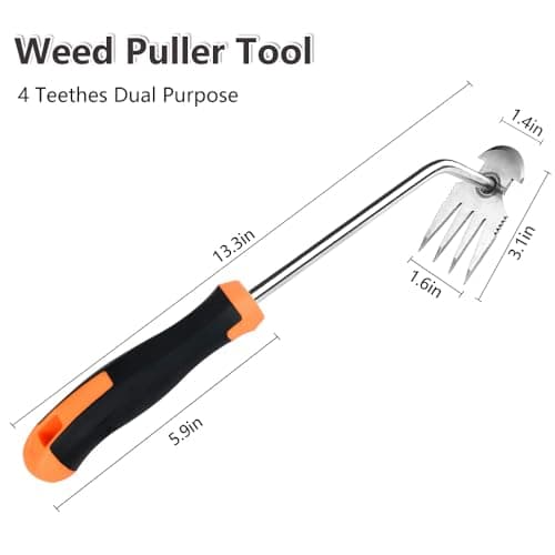 Weed Puller Tool，2024 New Garden Weeder Tool Stainless Steel Hand Weeder Tool,4 Teethes Dual Purpose Weed Remover Tool Weeding Tools for Gardening (Rubber Handle)