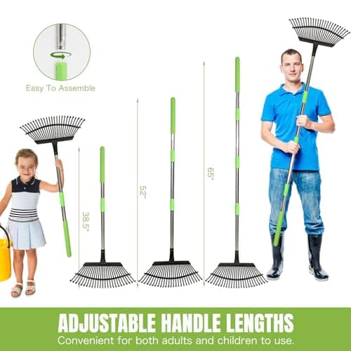 Joyhalo Rake for Leaves Adjustable 65 Inch Long, 18 Inch Wide Garden Rake with 25 Tines, Metal Leaf Rakes, Rakes for Lawns, Gathering Leaves, Weeds, Debris