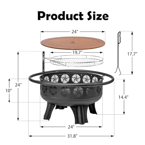 3-in-1 Fire Pit with Swivel Cooking Grate, 32 Inch Wood Burning Firepit with Grill, Outdoor Fire Pits Table with Metal Lid and Poker for Outside Patio Backyard BBQ Bonfire Camping (Black)