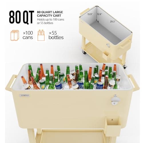 VINGLI 80 Quart Rolling Ice Chest, Portable Patio Party Bar Drink Cooler Cart, with Shelf, Beverage Pool with Bottle Opener