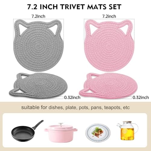 7.2 Inch Trivets for Hot Dishes, 2Pack Cotton Trivets for Hot Pots and Pans, Heat Resistant Hot Pads for Kitchen, Cat Ear Large Coaster Trivet Set, Hot Plate Mats for Kitchen Countertops (Light Gray)
