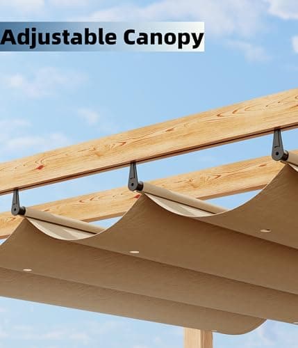 10 x 10 Ft Wood-Grain Aluminum Pergola Outdoor Pergola with Retractable Canopy Sun Shade Shelter for Garden, Patio, Backyard, Deck - Khaki
