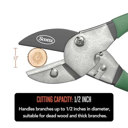 Scotts 8 in. Anvil Pruning Shears – 1/2 in. Cutting Capacity, Heavy-Duty Garden Pruner for Dry Stems and Dead Wood, Sap Resistant – Comfort Grip with Sharp Carbon Steel Blade for Yard and Garden Use