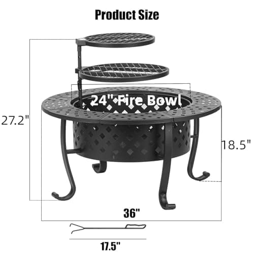 36 Inch Fire Pit with 2 BBQ Grills, Wood Burning Fire Pits for Outside with Lid & Fire Poker, BBQ& Outdoor Firepit & Round Metal Table 3 in 1 for Patio, Picnic, Party