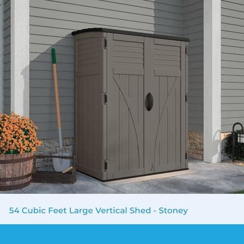 Suncast 54 Cubic Ft. Vertical Resin Outdoor Storage Shed with Lockable Double Doors, Weather-Resistant Multi-Wall Panels, Customizable Shelving, Stoney, Made in the USA