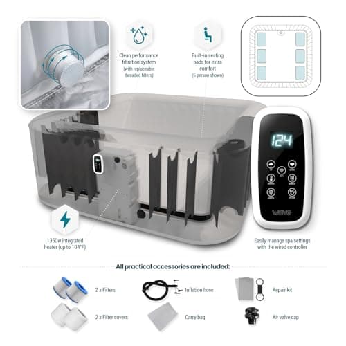 Pacific Energy-Efficient Hot Tub Bundle | 6-Person Inflatable Spa with Thermal Cover & Insulated Foam Mat | Gray Rattan