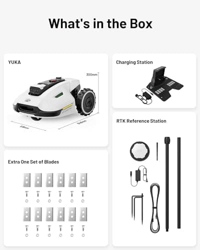 YUKA 2000 Robot Lawn Mower with Garage Standard, Reception 0.5 Acre,Max. 0.6 Acre, Ultrasense AI Vision & RTK, Auto Mapping & App Control,45% Slope,Dual Cutting Discs, 20 Mowing Zones