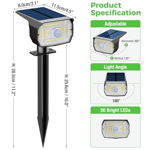nipify Solar Lights Outdoor Waterproof, Motion Sensor Spot Lights- 4 Pack/56 LED/3 Modes Solar Powered Spotlights 2-in-1 Auto On/Off Landscape Lighting for Outside Yard Wall Garden, Cool White