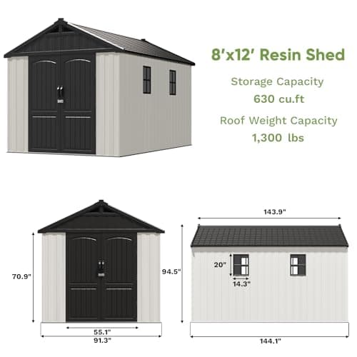 Patiowell 8x12 FT Outdoor Storage Shed, Plastic Shed Resin Garden Shed with Floor & Window & Lockable Door for Patio Furniture, Backyard Tools, Bicycles & Lawnmower, Beige