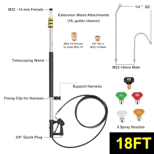 18FT Telescoping Pressure Washer Wand, Pressure Washer Extension Wands, Power Washer Gutter Cleaner with 5 Spray Nozzle Tips, 2 Hose Adapters