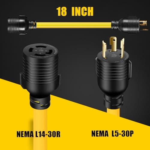 30 AMP Generator Transfer Switch Adapter Cord, Heavy Duty STW 10 Gauge NEMA L5-30P Male to L14-30R Female, 3 Prong to 4 Prong Generator Adapter Plug Twist Lock to House Inlet Box,1.5FT