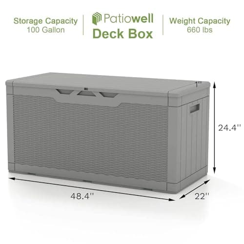 Patiowell 100 Gallon Resin Deck Box, Waterproof Large Outdoor Storage Box for Patio Furniture and Garden Tools, Grey