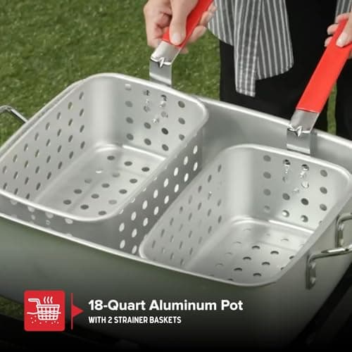 Nexgrill 18 Qt Aluminum Fish Fryer with Crawfish Boiler Pot & Double Strainer Basket for Poultry, Seafood, and More, 58,000 BTU Outdoor Deep Fryer, Welded Steel Stand & Included Thermometer - 840-0006