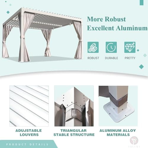 YOLENY Louvered Pergola 12x12, All Aluminum Pergola with Adjustable Rainproof Roof, Outdoor Pergola with Curtains and Nets for Patio & Garden, White