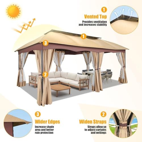 HOTEEL Gazebo 12x20, Outdoor Gazebo on Clearance with Double Ventilated Arc Roof, Privacy Curtains & Mosquito Netting, Easy Set up Canopy Tent with Stable Metal Frame for Patio, Khaki (Upgraded 2.0)