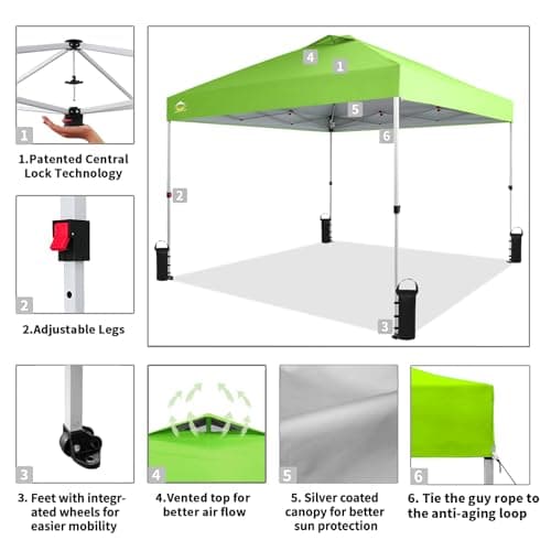 CROWN SHADES 10x10 Pop Up Canopy - Beach Tent with One Push Setup - Easy Outdoor Sun Shade for Events, Parties, Camping - Gazebo with STO-N-Go Cover Bag, Silver Coated Top, Green