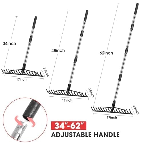 5.2FT Garden Rake, 16 Tines Metal Rakes with Adjustable Stainless Steel Handle, Bowrake for Lawns Heavy Duty Loosening Soil Farming Land Management, Gathering Leaf Yard Rake with Gloves