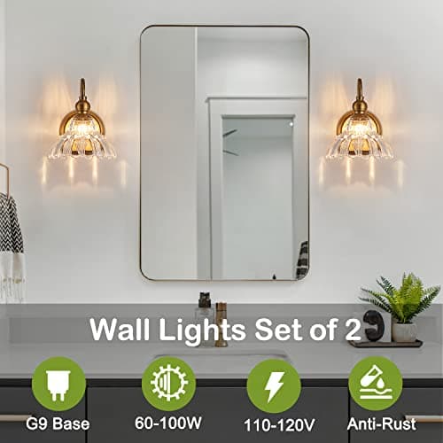 Vintage Brass Wall Sconce Bronze Bathroom Wall Light Made of Electroplated Copper Body and Pressed Patterned Glass Retro Vanity Lights for Bedroom, Doorway, Hallway