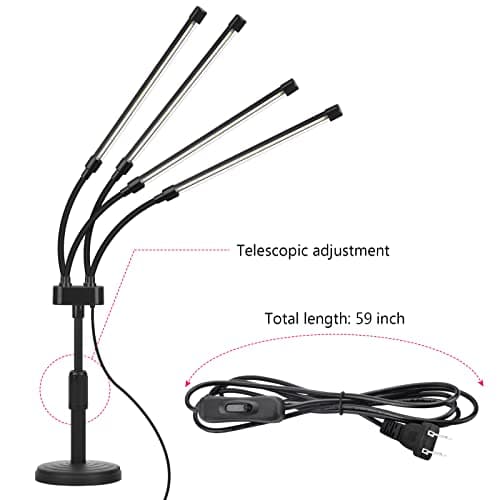 Grow Lights for Indoor Plants, Four Head LED Grow Light with Full Spectrum, Red White Spectrum for Indoor Plant Lamp, Adjustable Gooseneck, Suitable for Vegetation