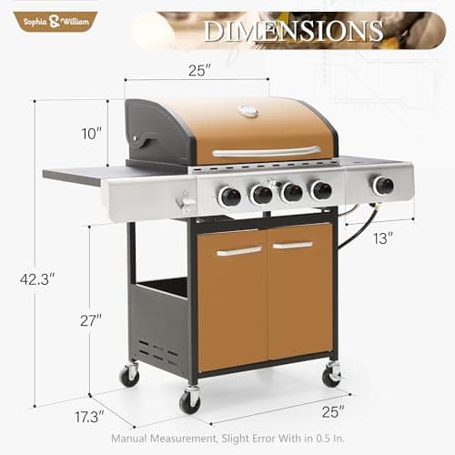 Sophia & William 4-Burner Gas BBQ Grill with Side Burner and Porcelain-Enameled Cast Iron Grates, 42,000BTU Propane Grills Outdoor Cooking Barbecue Grill Cabinet Style, Golden