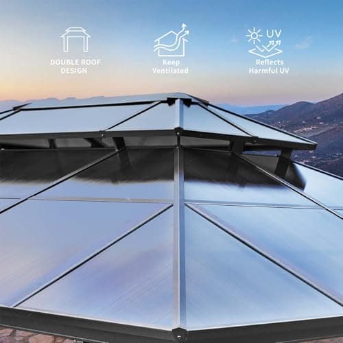 YOLENY 10'x13' Hardtop Gazebo, Outdoor Polycarbonate Double Roof Canopy, Aluminum Frame Permanent Pavilion with Curtains and Netting, Sunshade for Garden, Lawns, Patio