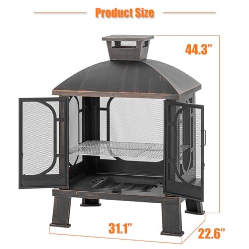 45" H×31''W Metal Chiminea Fire Pit with Grill, Wood Burning Fire Pits for Outside,Square Chimineas Fireplace with Mesh Spark Screen Door& Fire Poker for Garden,Yard,BBQ,Bonfire