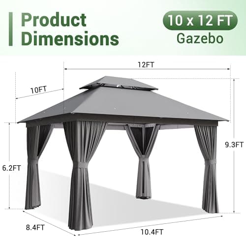 oneinmil 12' x 10' Hardtop Gazebo with Netting and Curtains, Outdoor Gazebo with Aluminum Frame, Heavy Duty Polyester Fabric Double Roof Canopy Party Tent for Patio, Backyard, Lawn, Gray
