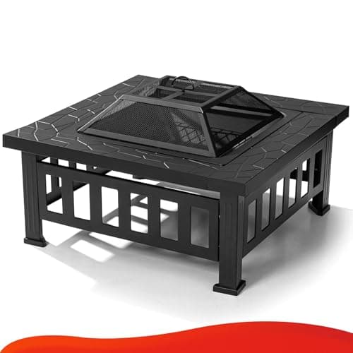 SINGLYFIRE 32 Inch Fire Pit Table for Outside Square Metal Firepit Outdoor Wood Burning Large Steel Bonfire Pit for Patio Backyard Garden with Waterproof Cover,Spark Screen,Log Grate,Poker