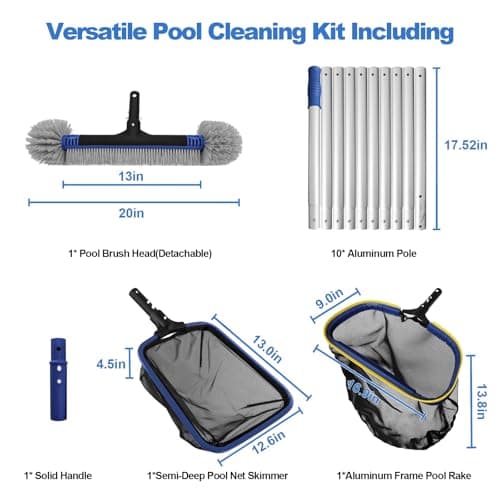 Poolvio 5-in-1 Pool Cleaning Kit - Includes Semi-Deep Skimmer Net, Aluminum Leaf Rake, 20' Pool Brush with 13ft Adjustable Pole