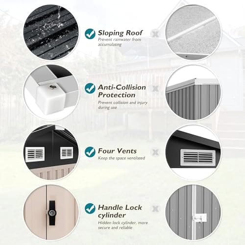GVDV 8x6 FT Outdoor Storage Shed with Air Vent & Lockable Doors, Durable Metal Outside Storage for Garden, Patio and Backyard, Waterproof Shelter for Tools, Bike (7.33'x5.28' Base, No Floor)