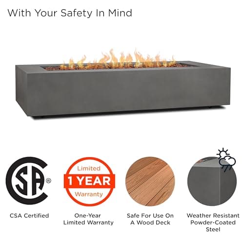 Real Flame Aegean 70in Rectangle Propane or Natural Gas Fire Pit Table, 65,000 BTU, Powder-Coated Steel, Push-Button Ignition, CSA Certified, Lava Rock, Storage Cover, Stainless Steel Burner with Lid