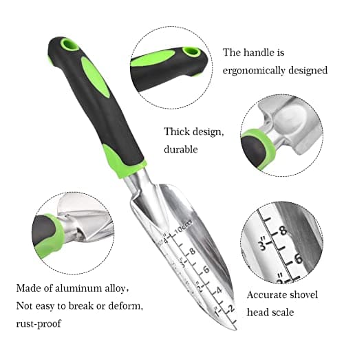 Transplanter Trowel Garden Shovel Hand Trowel Cast-Aluminum Heavy Duty Gardening Tool Depth Marker Measurement Trowel with Ergo Handle for Digging and Planting Engraved Depth Guide (Green)