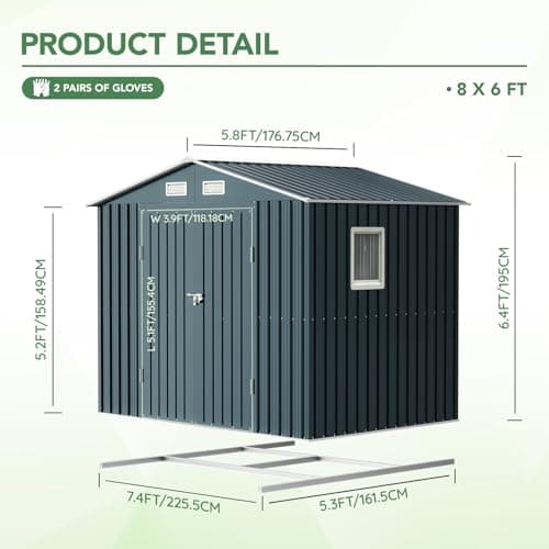 8x6FT Outdoor Steel Storage Shed with Frame Floor,Clear Window, Lockable Doors, Weather-Resistant Metal Tool Shed for Garden, Backyard, Patio, and Utility Storage