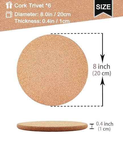 Cork Trivet, 6 Pack High Density Thick Cork Trivets for Hot Dishes and Hot Pots, 8 Inch Heat Resistant Large Coaster for Kitchen, Hot Pads for Table & Countertop