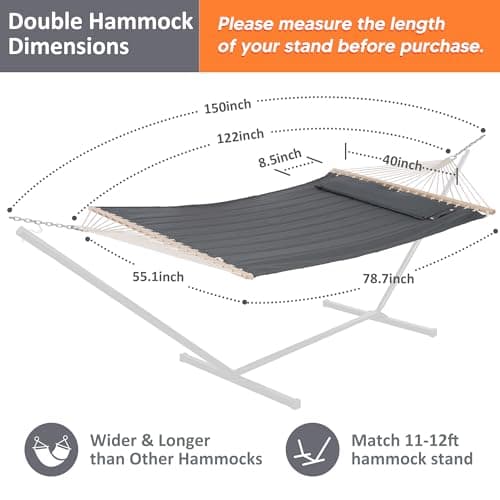 SUNCREAT Portable Tree Hammock with Hardwood Spreader Bar, Extra Large Soft Pillow, Heavy Duty 2 Person Hammock for Indoor, Outdoor, Gray