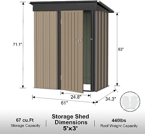 JUMMICO Metal Outdoor Storage Shed 5 x 3 FT Metal Shed with Lockable Door,Waterproof Garden Tool Shed Storage House for Backyard Patio Lawn, Brown