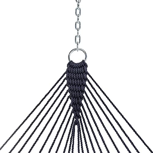 Castaway Living 13 ft. Double Traditional Hand Woven Navy Polyester Rope Hammock with Free Extension Chains, and Tree Hook, for 2 People with a Weight Capacity of 450 lbs.