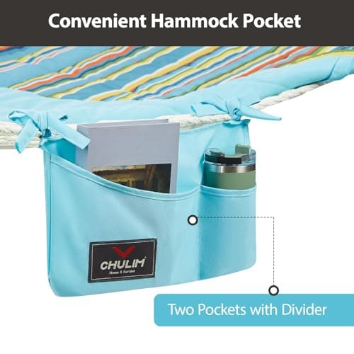 Outdoor Double Hammock with Hardwood Spreader Bars, Cotton Rope Hammock with Polyester Pad and Pillow, 475 LBS Capacity 2 Person Hammock, Large Hammock for Patio Backyard Poolside - Bule Stripe