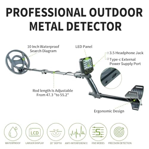 Professional Metal Detector for Adults - 5 Modes, Waterproof, Lightweight for Beach, Forest & Archaeology Exploration