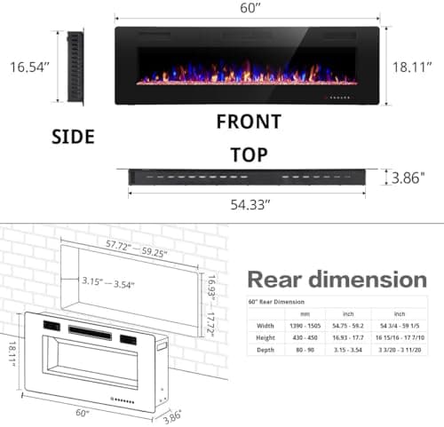 R.W.FLAME 60" Recessed and Wall Mounted Electric Fireplace, Low Noise, Fit for 2 x 6 Stud, Remote Control with Timer, Touch Screen, Adjustable Flame Color and Speed, 750-1500W