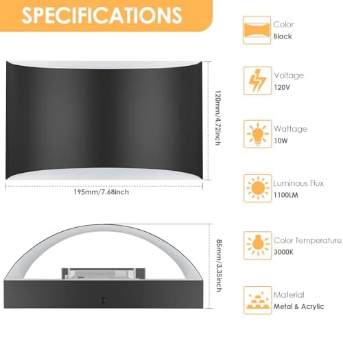 FOLKSMATE Modern LED Wall Sconces, 3000K Warm White Hardwired Wall Lights Set of 2, 10W Up and Down Wall Mount Light, Matte Black Indoor Sconces Wall Lighting