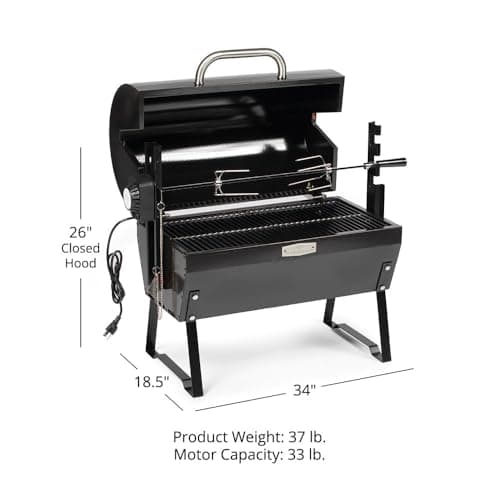 Ash & Ember 4W Rotisserie Spit Roaster Grill, Rated 33 LB, Horizontal Adjustable Spit Rod for Outdoor Charcoal BBQ with Hood, Roast Chicken, Lamb, Pig, Beef
