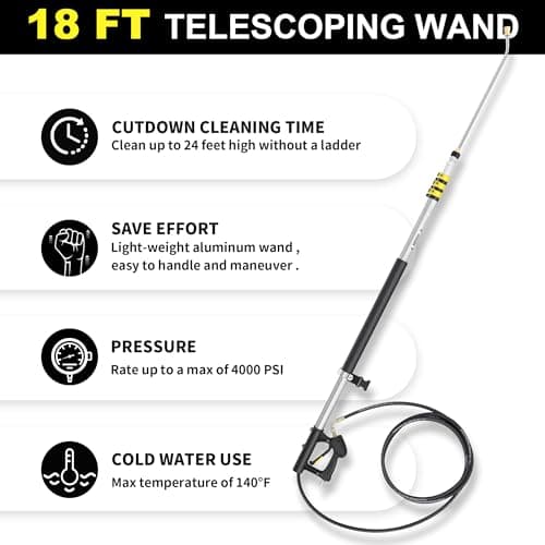 18FT Telescoping Pressure Washer Wand, Pressure Washer Extension Wands, Power Washer Gutter Cleaner with 5 Spray Nozzle Tips, 2 Hose Adapters