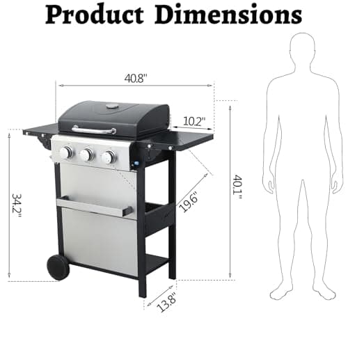 3 Burner Gas Grill with Lid, BBQ Grill With Griddle Combo, Outdoor Barbecue Grills with Wheels, Propane Grills with Foldable Side Table, Cooking Grids, Stainless Steel, 25650BTU